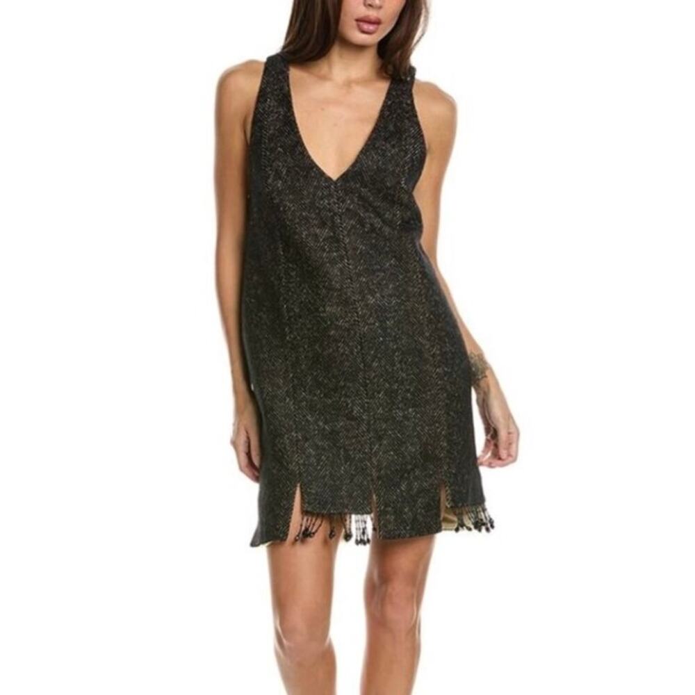 Ganni Black V-neck Panel Wool-Blend Mini Dress - Step Hem - Black - Size 36 US 4